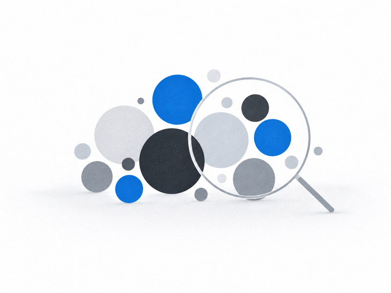 A magnifying glass brings a cluster of blue and gray search topics into focus.