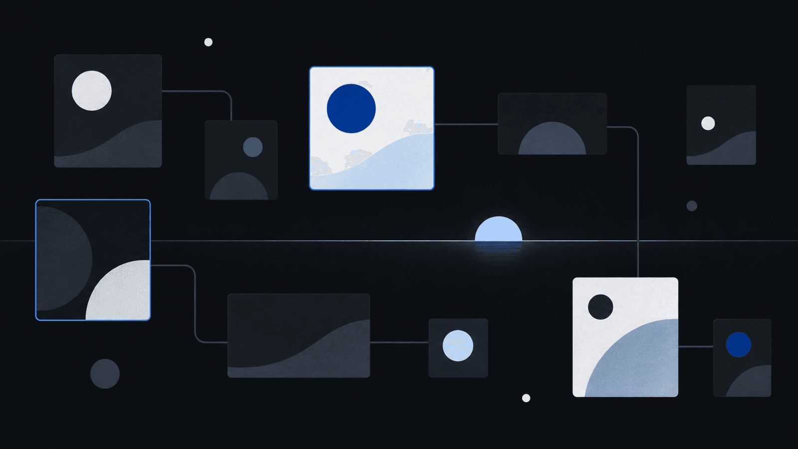 Connected pages in a dark landscape, with a clear blue path through the search work.
