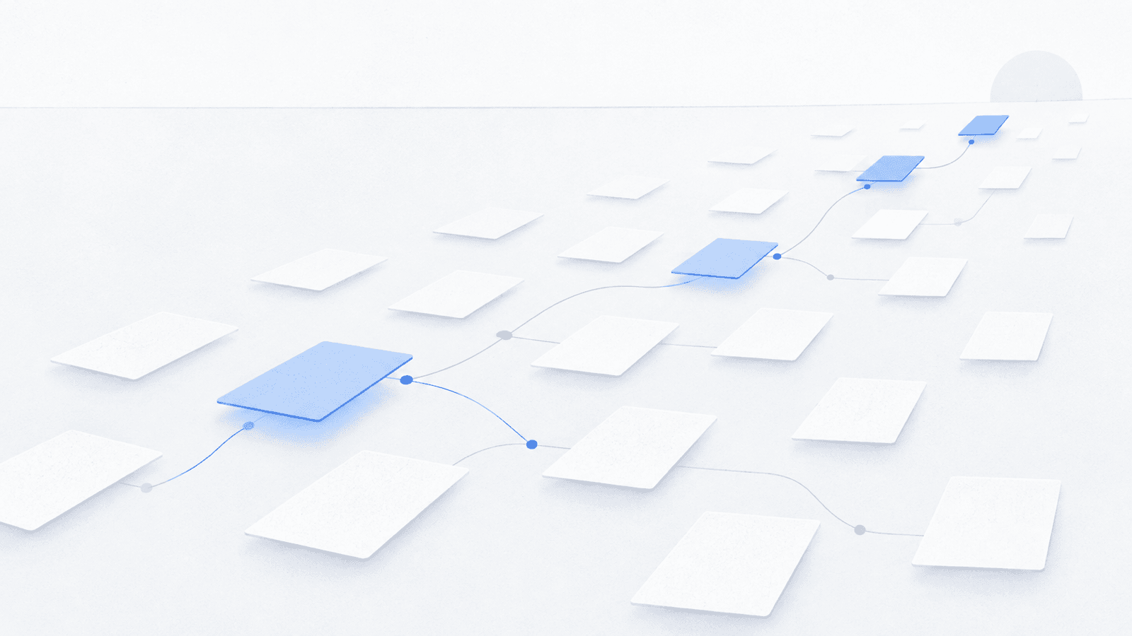 Blue pages connected by a search path, bringing scattered research into a clear sequence.
